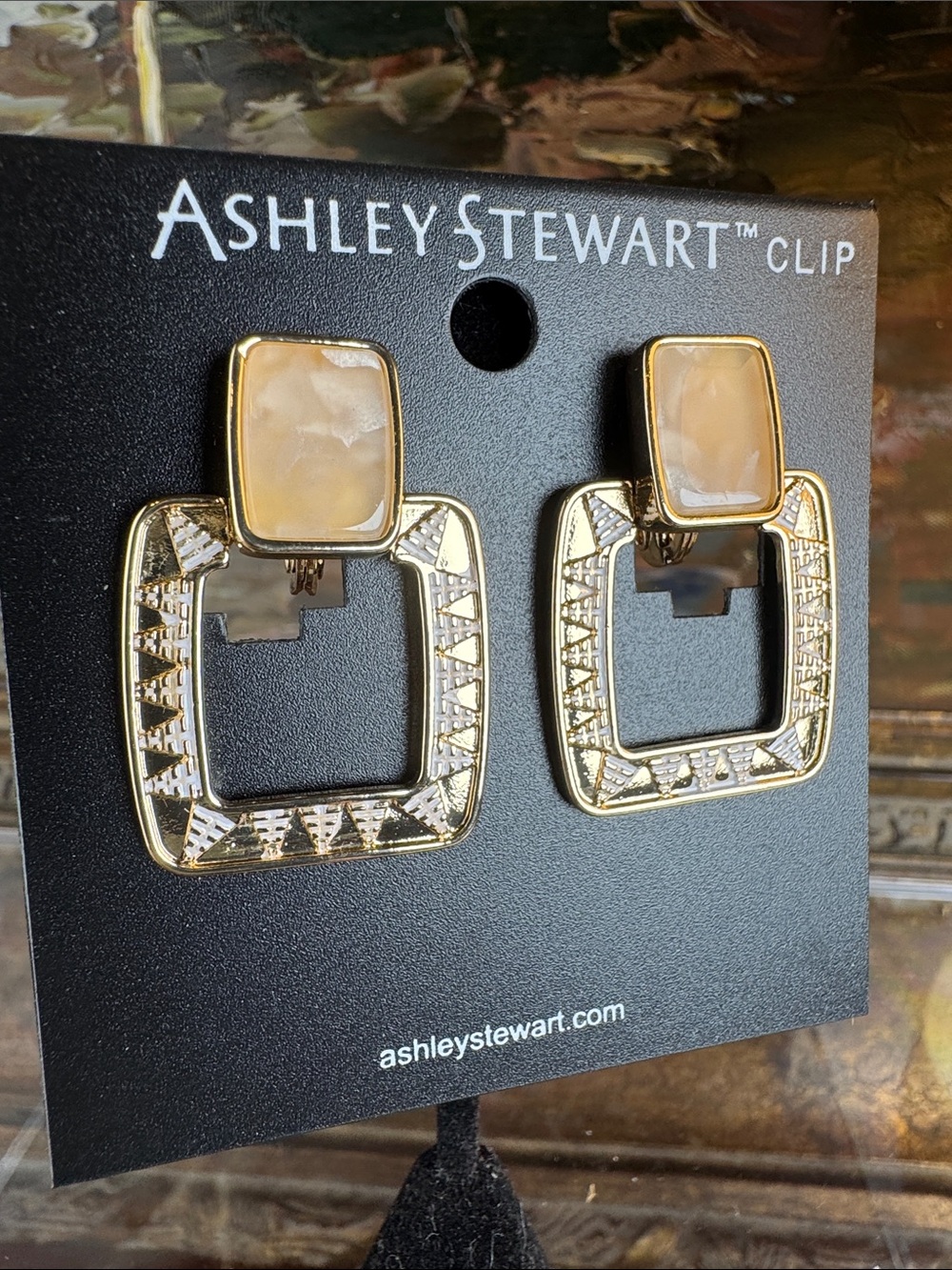 0720-Ashley Stewart Gold and Cream Square Clip-On Drop Earrings